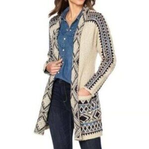 LUCKY BRAND Aztec Open Cardigan Tribal 3rd Piece Multi Navy Blue Boho Duster S